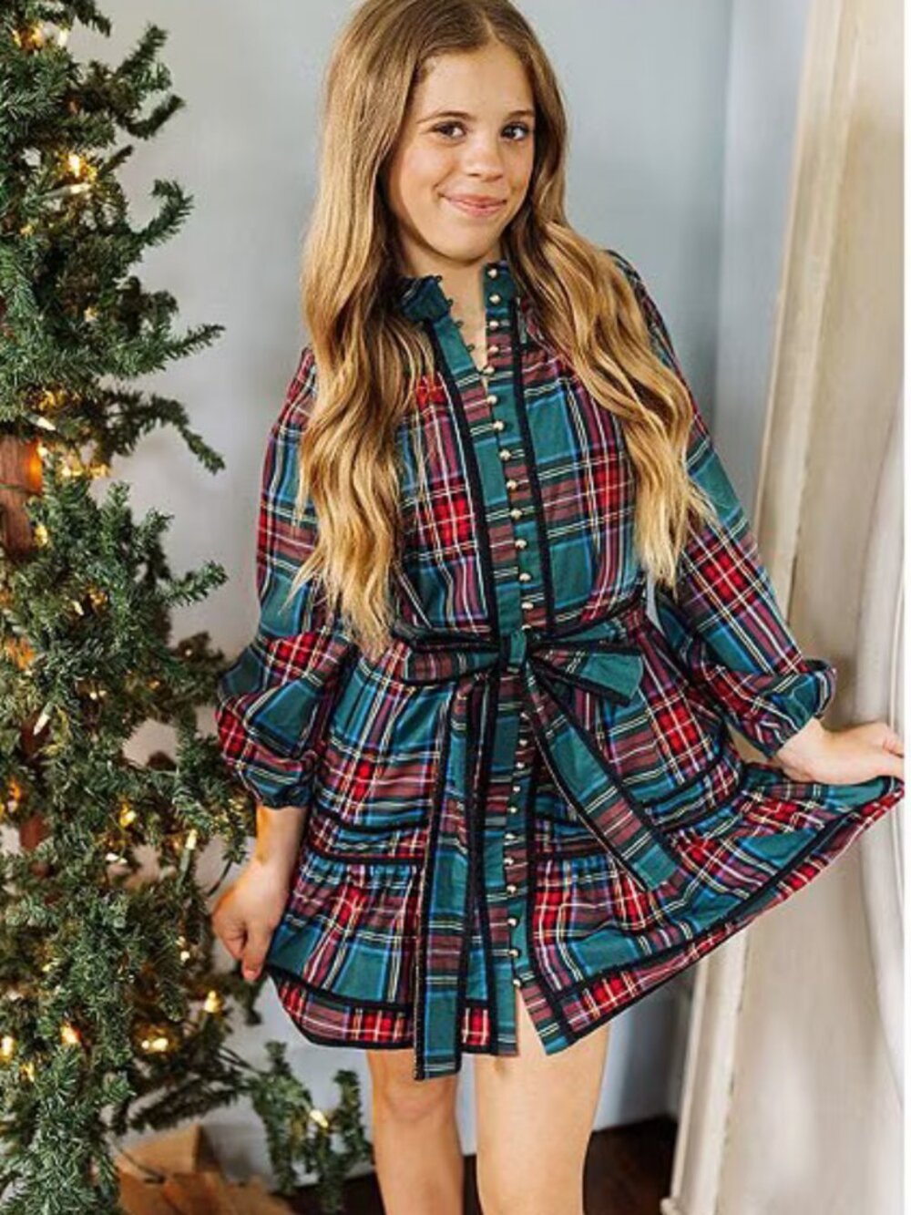 J. Marie Big Girls Long Sleeve Zanna Tie Plaid Tween Dress 10 Christmas Holiday
